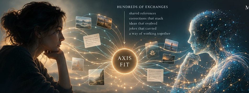 Two figures facing each other across a network of shared material, with the axis of fit lit at its centre.