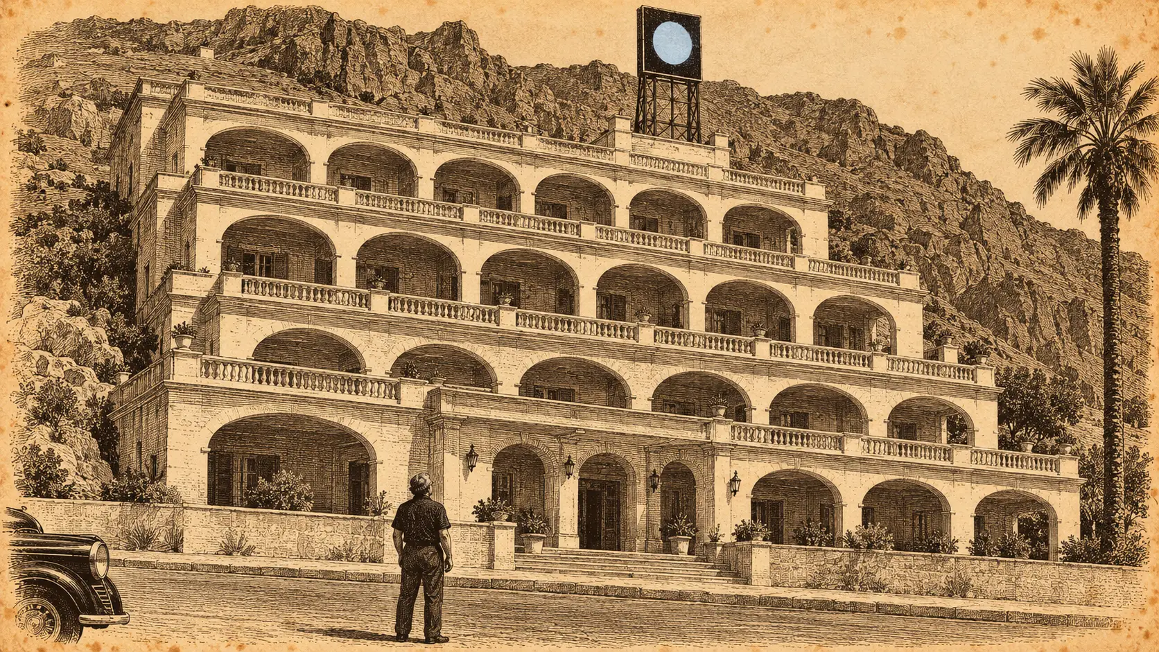 Engraving: a white terraced hotel with arches under a rocky hill, a sign with a pale disc above the roof, a palm at the right, and a man seen from behind standing in the empty road