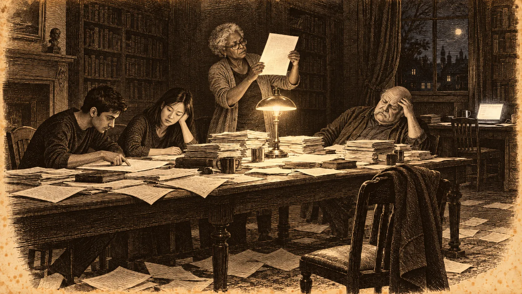 Engraving: four mathematicians at a long table at night, bent over stacks of manuscripts under one lamp, while a laptop glows unattended at the far end of the room